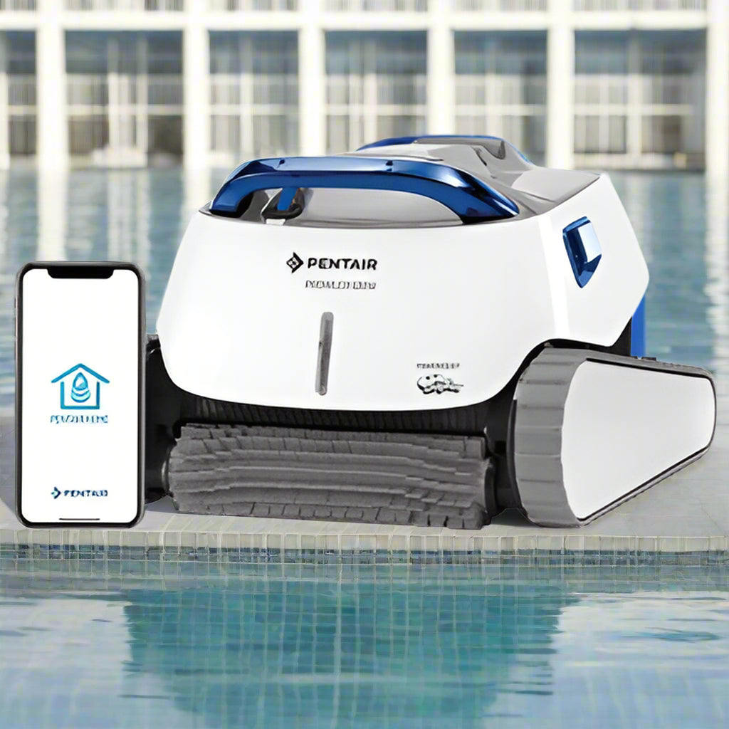 A white and blue Pentair Prowler 930W Robotic Pool Cleaner with WiFi connectivity, displayed alongside a smartphone showing the Pentair Home app. A white and blue Pentair Prowler 930W Robotic Pool Cleaner with WiFi connectivity, displayed alongside a smartphone showing the Pentair Home app.